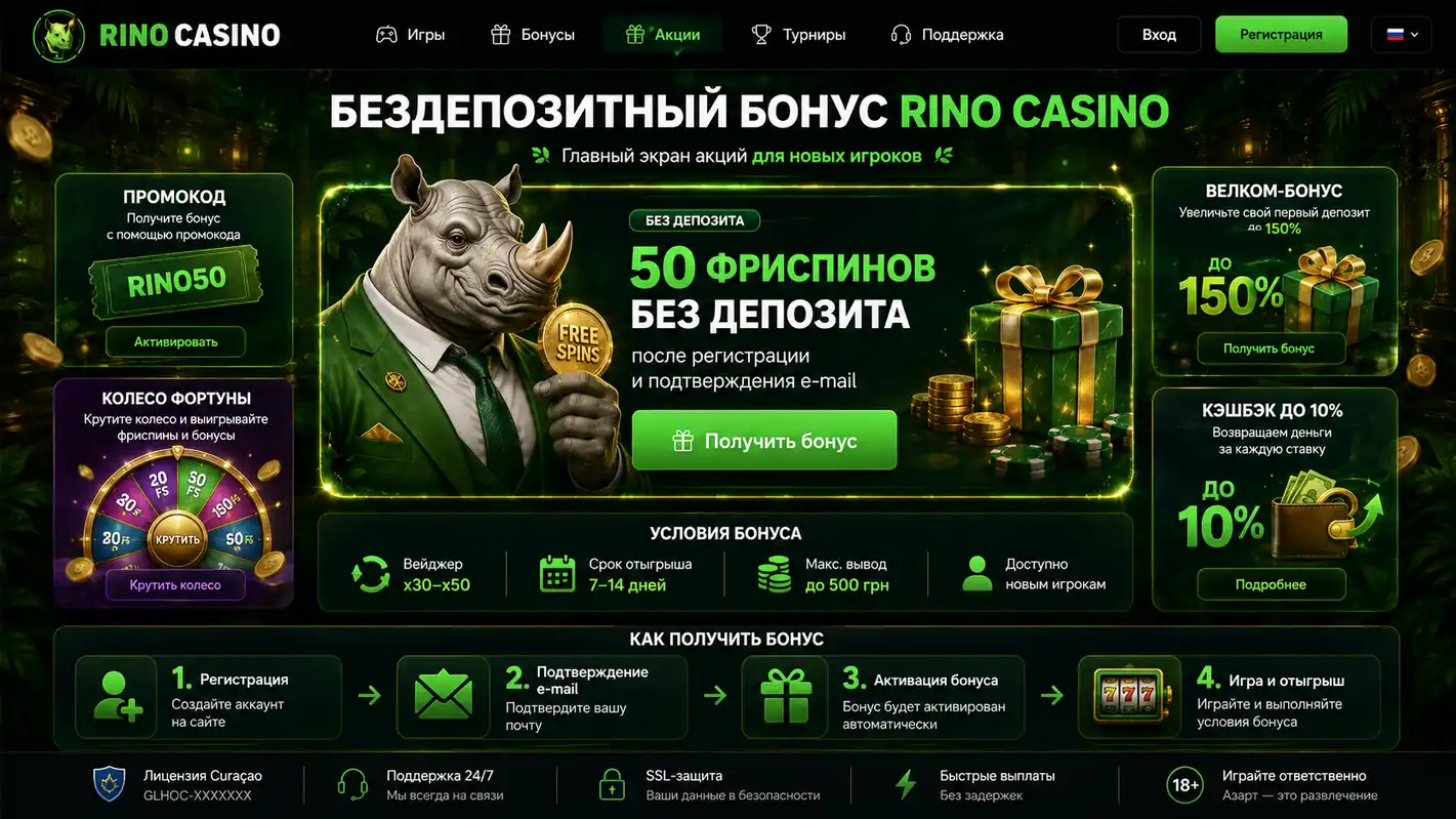 Рино казино бездепозитный бонус — главный экран акций
